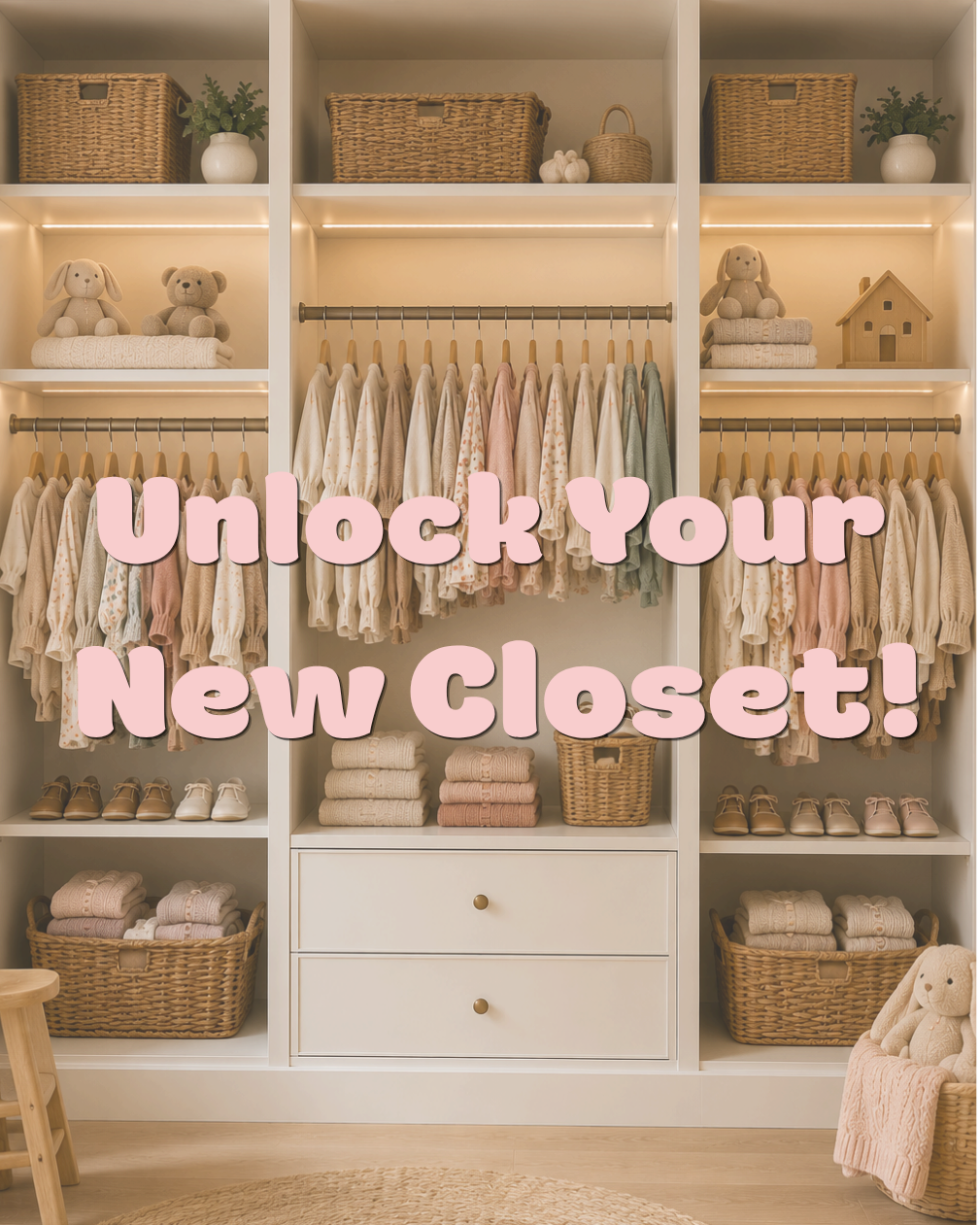 A styled closet interior with open shelving, hanging baby clothes, wicker baskets, folded textiles, shoes, and stuffed toys. Large overlaid text reads 'Unlock Your New Closet!' in pink lettering.