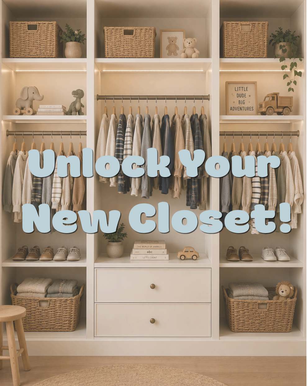 A styled closet organizer with open shelving, hanging children's clothing, woven storage baskets, folded textiles, and decorative items. Large overlaid text reads 'Unlock Your New Closet!'.